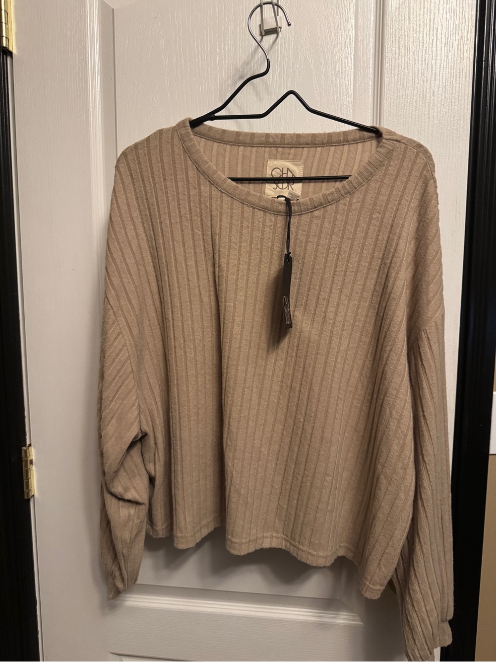 Chaser Ribbed Crewneck Top in Taupe Beige - Anthropologie